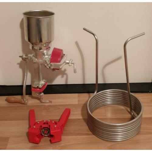 Mout molen, wort koel spiraal en kroonkurk apparaat