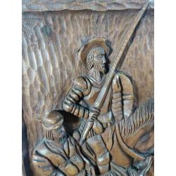 don quichotte pancho houten relief bord