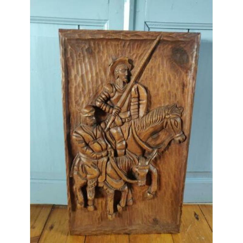 don quichotte pancho houten relief bord