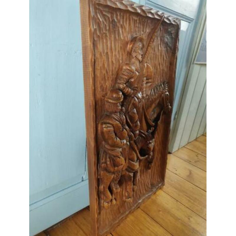 don quichotte pancho houten relief bord