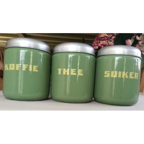 Antieke groene emaille voorraadbussen koffie, thee, suiker
