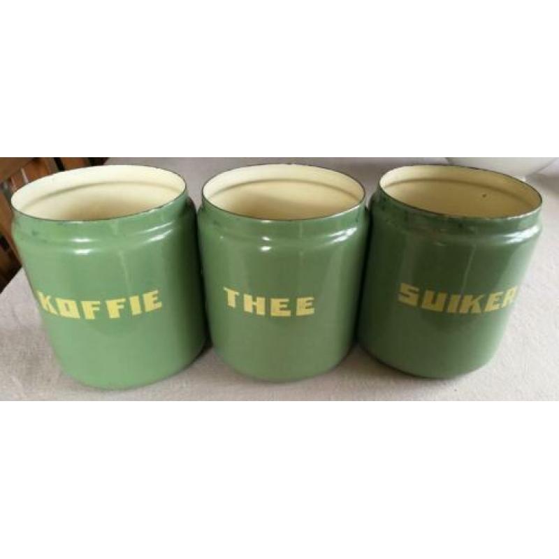 Antieke groene emaille voorraadbussen koffie, thee, suiker