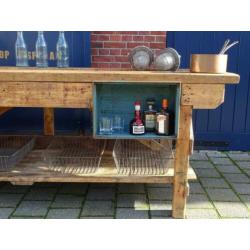 Prachtige grote oude houten werkbank, werktafel