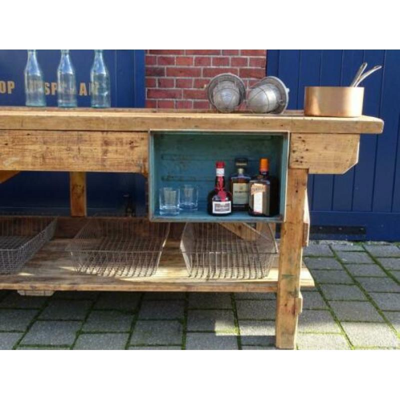 Prachtige grote oude houten werkbank, werktafel