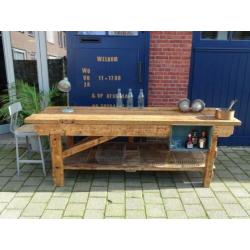 Prachtige grote oude houten werkbank, werktafel