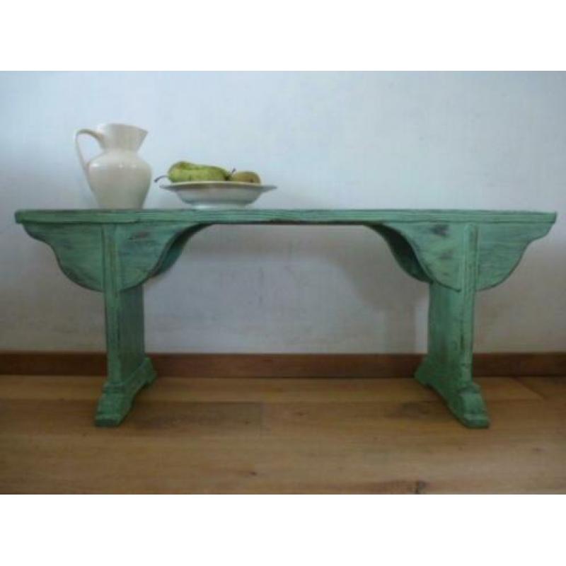 Houten boerenbankje, halbankje, bankje, bank, gesleten groen
