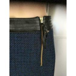 C956 MEXX maat 42=L blauw zwart wollen rokje rok tweed