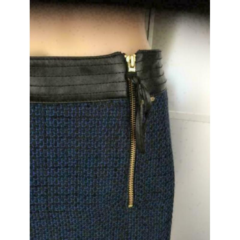 C956 MEXX maat 42=L blauw zwart wollen rokje rok tweed