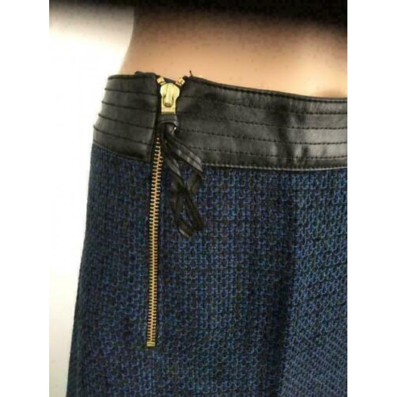C956 MEXX maat 42=L blauw zwart wollen rokje rok tweed