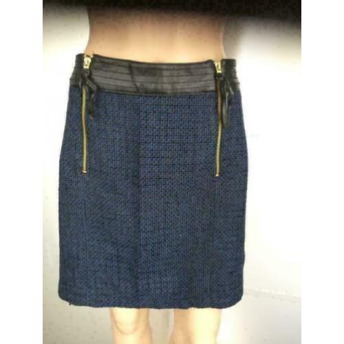 C956 MEXX maat 42=L blauw zwart wollen rokje rok tweed