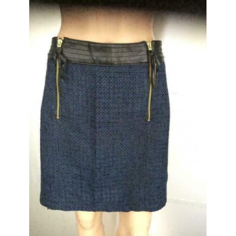 C956 MEXX maat 42=L blauw zwart wollen rokje rok tweed
