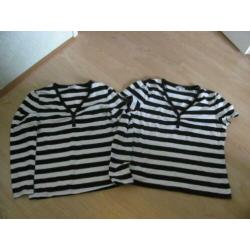 2 zwart/wit strepen shirtjes lange/korte mouwen maat XL..