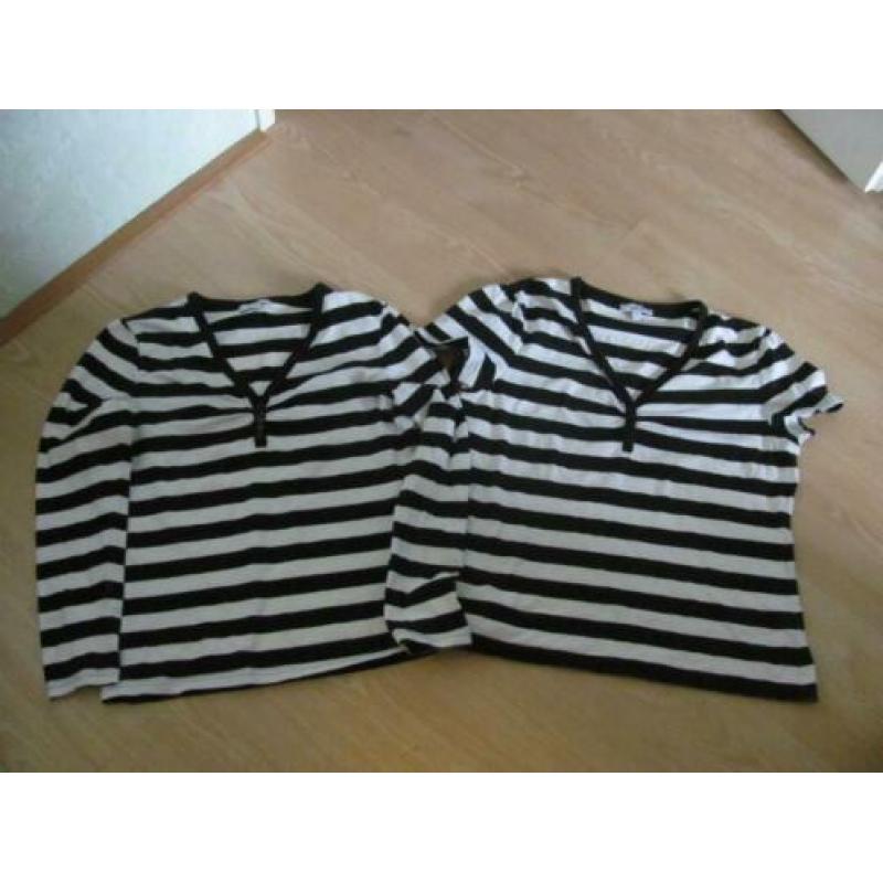 2 zwart/wit strepen shirtjes lange/korte mouwen maat XL..