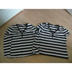 2 zwart/wit strepen shirtjes lange/korte mouwen maat XL..