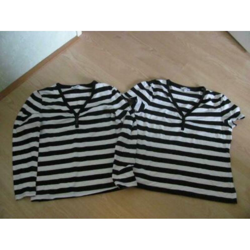 2 zwart/wit strepen shirtjes lange/korte mouwen maat XL..