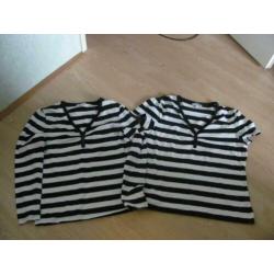 2 zwart/wit strepen shirtjes lange/korte mouwen maat XL..