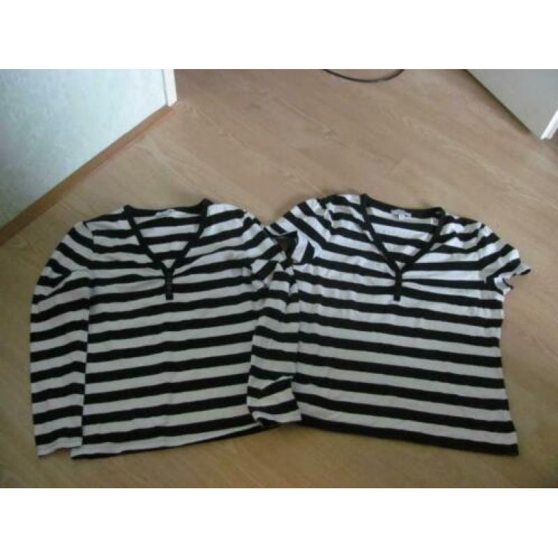 2 zwart/wit strepen shirtjes lange/korte mouwen maat XL..