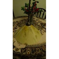 Oude Vintage Gemarmerd Glas Hanglamp Messing Stang.