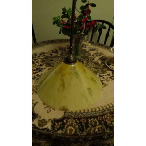 Oude Vintage Gemarmerd Glas Hanglamp Messing Stang.