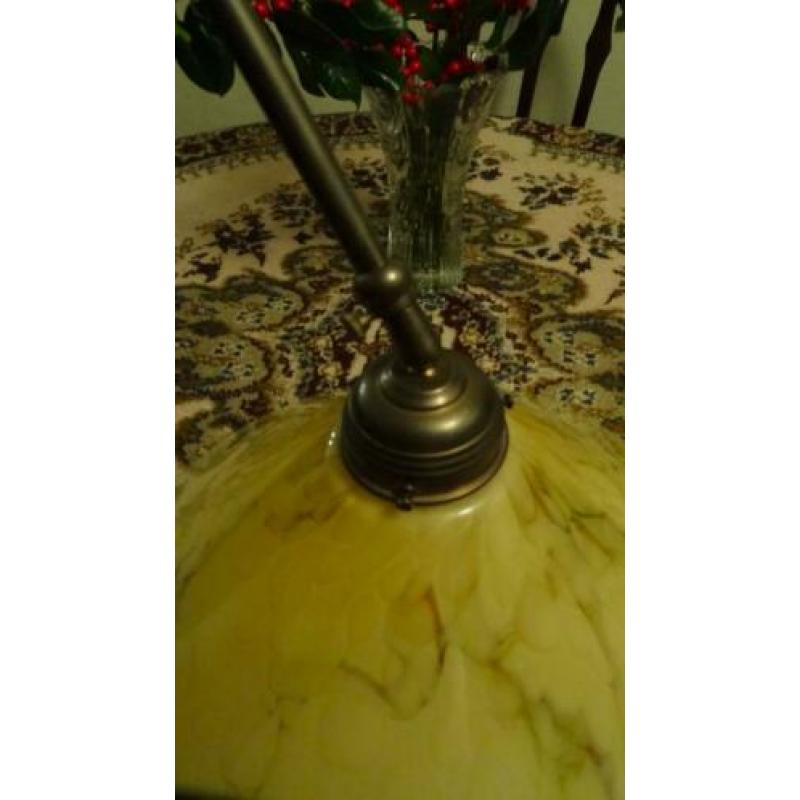 Oude Vintage Gemarmerd Glas Hanglamp Messing Stang.
