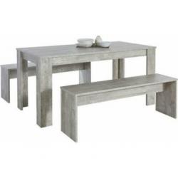 eettafel incl 2 bankjes beton-look met houtstruktuur