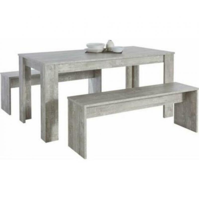 eettafel incl 2 bankjes beton-look met houtstruktuur