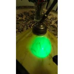 Oude Vintage Gemarmerd Glas Hanglamp Messing Stang.