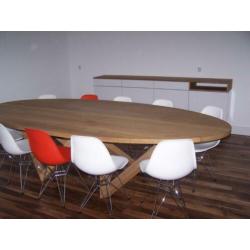 Vergadertafel lange tafel sloophout, eiken, plywood, bamboe.