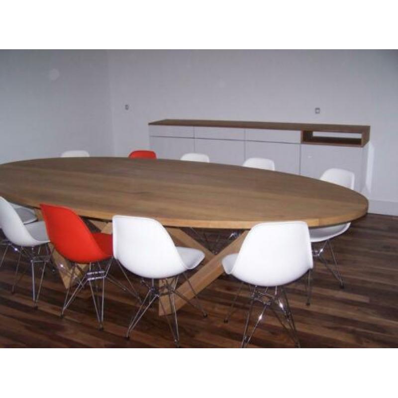Vergadertafel lange tafel sloophout, eiken, plywood, bamboe.