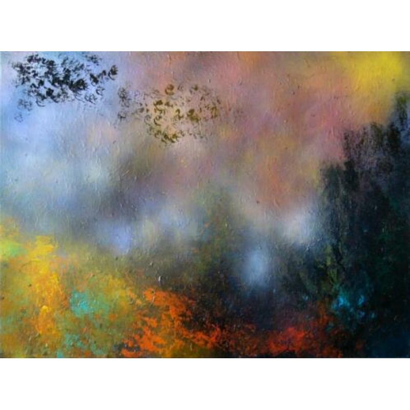 Dromerig mistige lucht berg vallei landschap schilderij