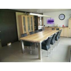 Vergadertafel lange tafel sloophout, eiken, plywood, bamboe.