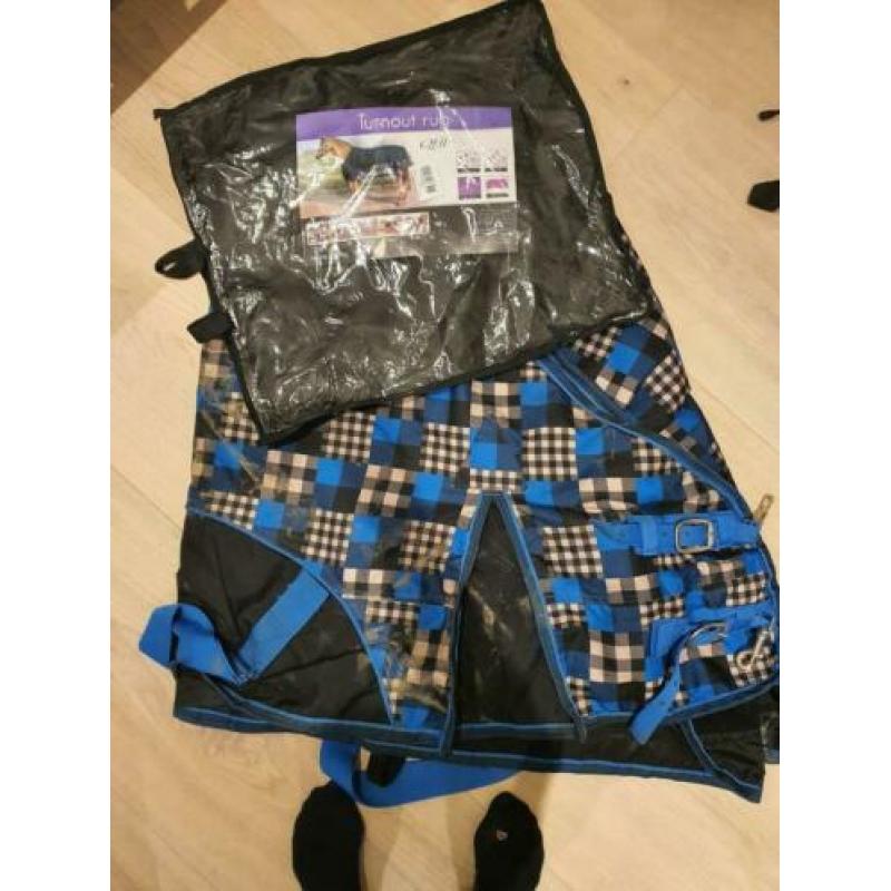 QHP, qhp, regendeken met fleece, blauw geruit, maat 175