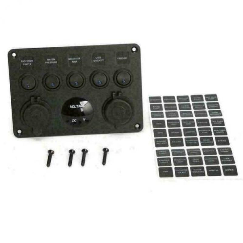 schakelpaneel boot 5 schakelaars/ zekering/12v/usb/voltmeter