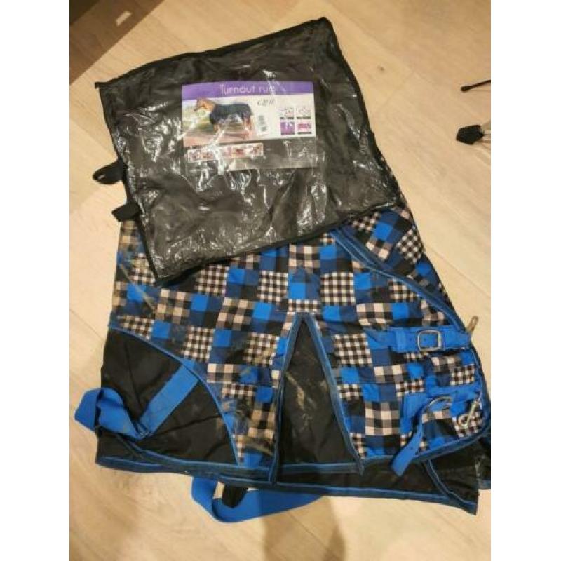 QHP, qhp, regendeken met fleece, blauw geruit, maat 175
