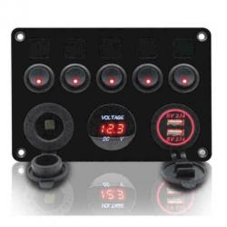 schakelpaneel boot 5 schakelaars/ zekering/12v/usb/voltmeter