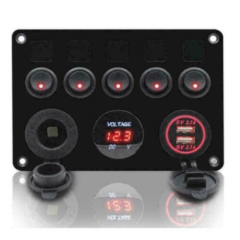 schakelpaneel boot 5 schakelaars/ zekering/12v/usb/voltmeter