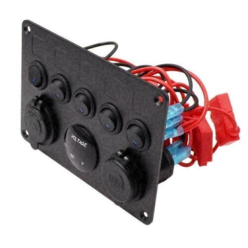schakelpaneel boot 5 schakelaars/ zekering/12v/usb/voltmeter