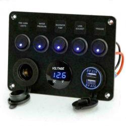 schakelpaneel boot 5 schakelaars/ zekering/12v/usb/voltmeter