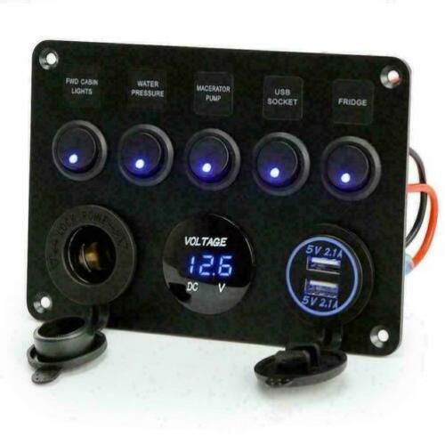 schakelpaneel boot 5 schakelaars/ zekering/12v/usb/voltmeter