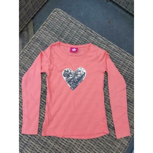 Longsleeve oranje met pailletten mt 128/134