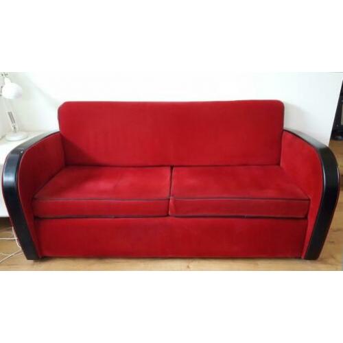 2 zits bank, art deco stijl in rode corduroy stof bekleed