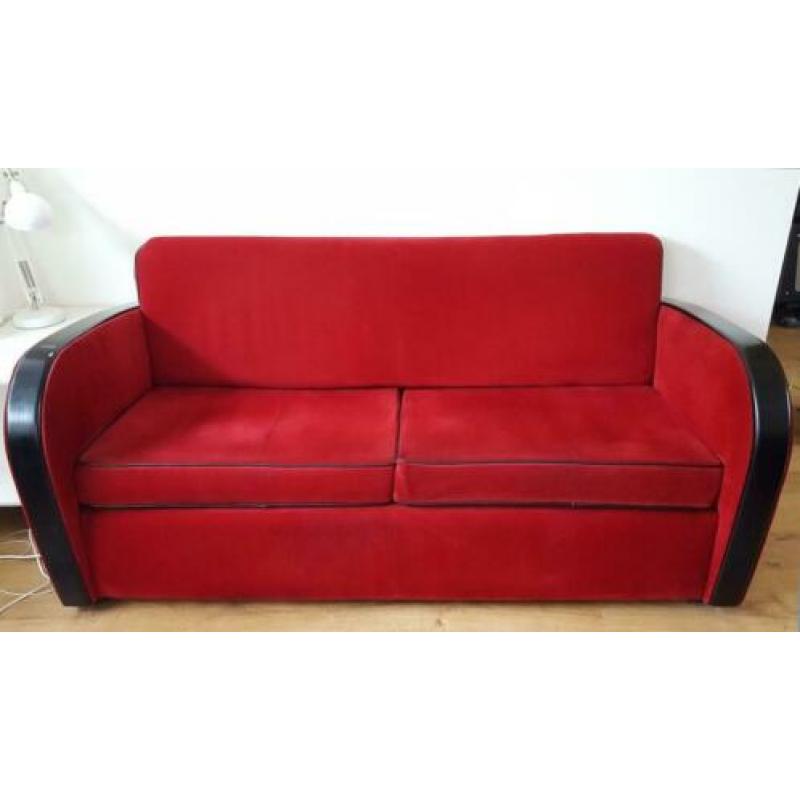 2 zits bank, art deco stijl in rode corduroy stof bekleed