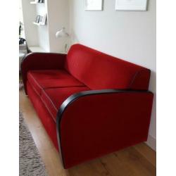 2 zits bank, art deco stijl in rode corduroy stof bekleed