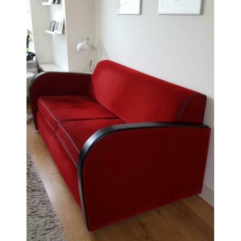 2 zits bank, art deco stijl in rode corduroy stof bekleed
