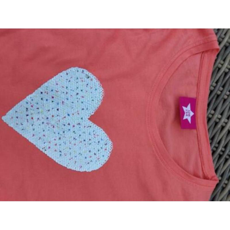 Longsleeve oranje met pailletten mt 128/134