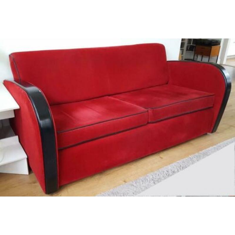 2 zits bank, art deco stijl in rode corduroy stof bekleed