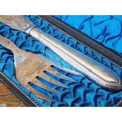 Mooi antiek Engels silverplate viscouvert in etui 11-35 cm.
