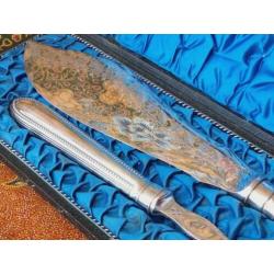 Mooi antiek Engels silverplate viscouvert in etui 11-35 cm.