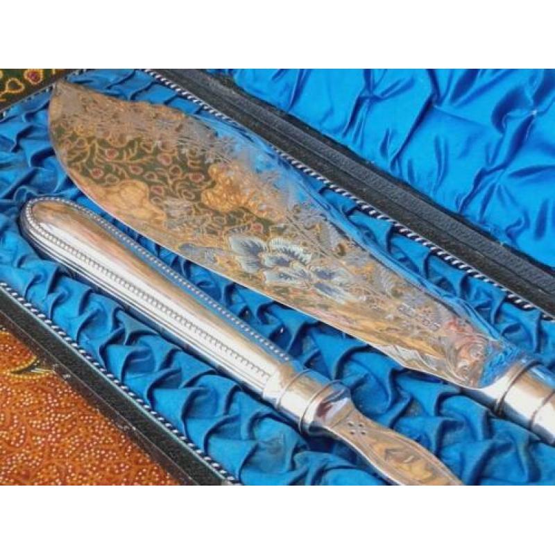 Mooi antiek Engels silverplate viscouvert in etui 11-35 cm.