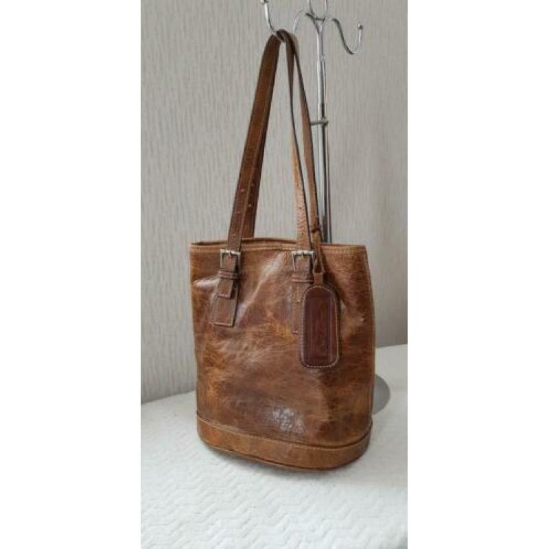 Joan Mc Cathy bruin leer schoudertas bucket style